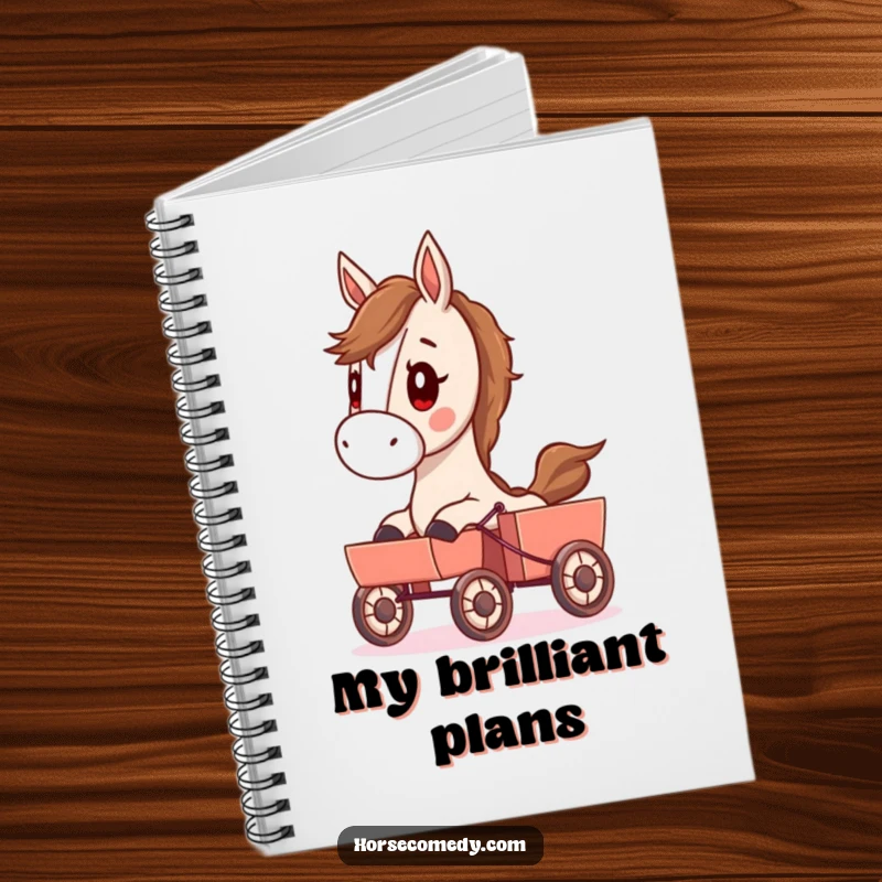 Funny notebook with a determined horse character pulling a small cart, ideal for jotting down notes and humorous thoughts.