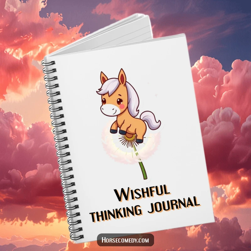 Funny Horse Notebook: A smiling horse character rides on a giant dandelion seed, creating a whimsical and delightful image.