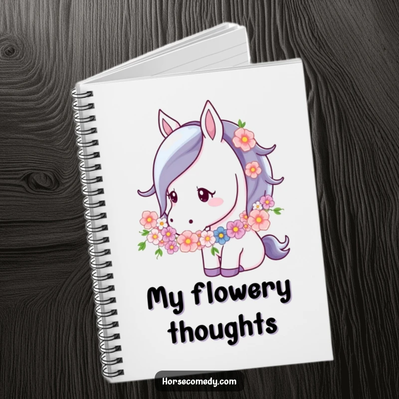 Funny Horse Flower Garland Notebook with a horse nuzzling a flower garland, perfect for journaling thoughts with a serene and natural aesthetic.