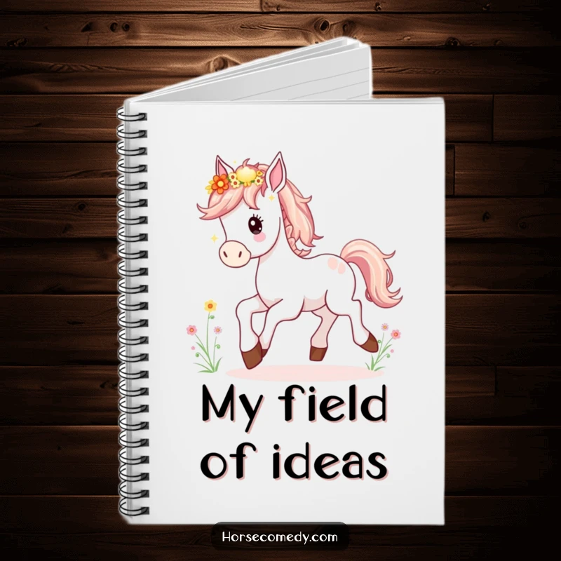 Funny Horse Foal Notebook illustrating a joyful young horse prancing, its mane styled with beautiful wildflowers.