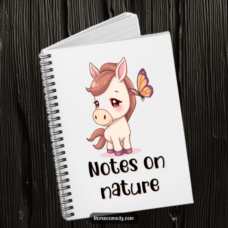 Funny Notebook with a cover showing a horse with a curious head tilt, watching a butterfly, perfect for note-taking.