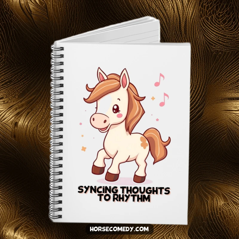 Funny notebook cover showing a horse with hooves tapping rhythmically to music, great for capturing musical inspiration.