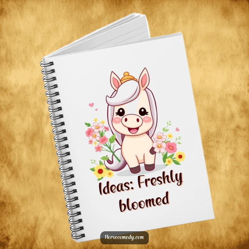 Funny notebook cover showing a horse with a wide smile, a silly hat, and flowers, great for journaling.