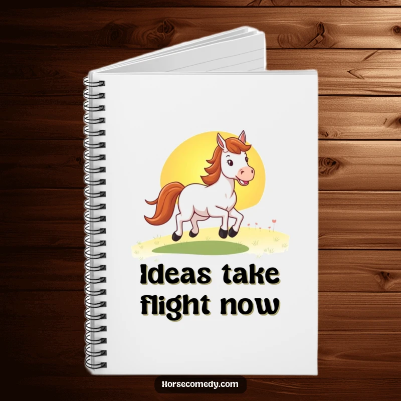 Funny horse notebook with a happy horse galloping towards a vibrant sunset, ideal for writing, journaling, and creative brainstorming.