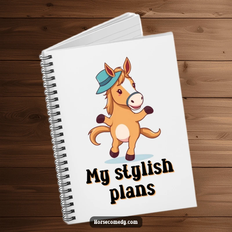 Funny horse character elegantly waltzing with a hat on its nose on a notebook cover, perfect for jotting down sophisticated notes.