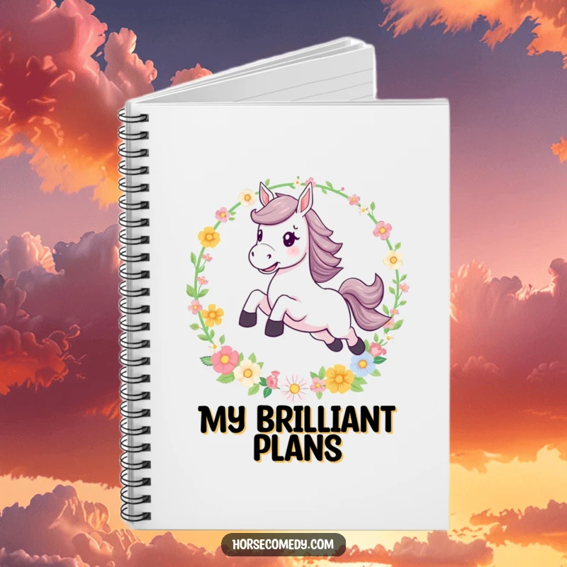Funny leaping horse flower hoop notebook, designed for capturing imaginative ideas with a magical theme of equestrian adventure and floral beauty.