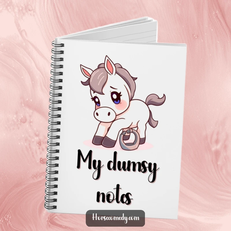 Funny notebook cover depicting a horse comically tripping over a small, shiny horseshoe with a surprised expression.