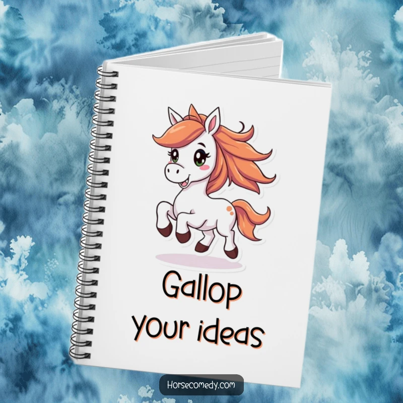 Funny horse notebook cover featuring a joyful horse with a flowing mane, prancing with a big smile, great for journaling.