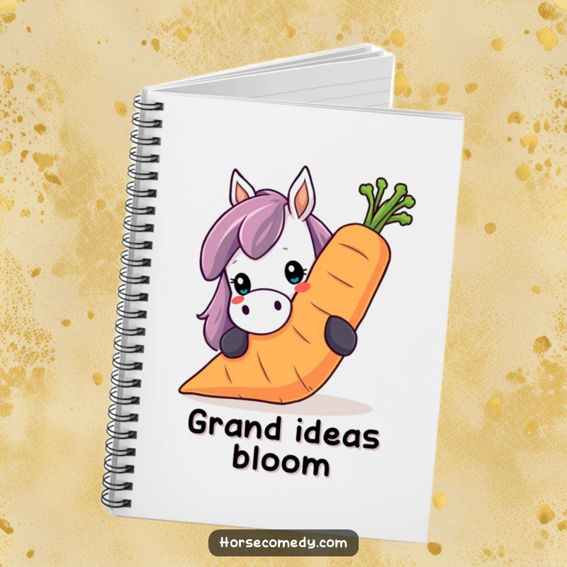 Funny horse notebook cover, showing a horse peeking over a giant, smiling carrot. Inspires playful note-taking.