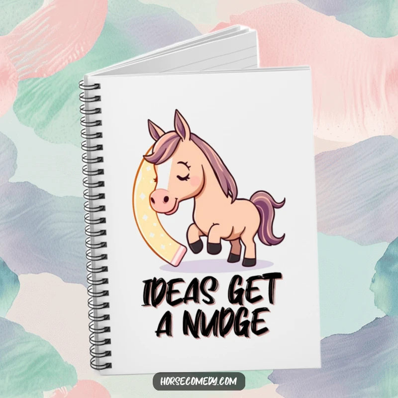 Funny notebook cover featuring a playful horse character nudging a giant, glowing horseshoe with its nose, inspiring notes with luck and humor.