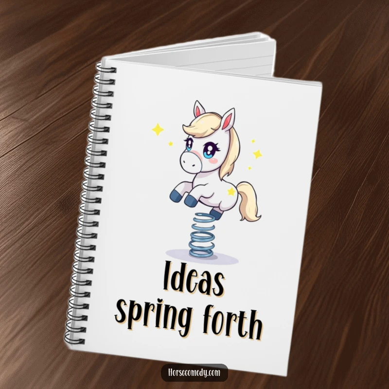 Funny horse notebook cover, showing a starry-eyed horse balancing on a bouncing spring. Inspires imaginative notes.