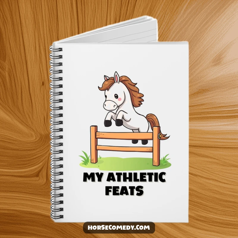 Funny horse character dramatically leaping over a small, colorful fence on a notebook, ideal for jotting down energetic thoughts.
