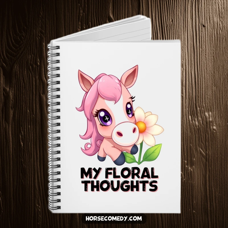 Funny horse with enormous, sparkling eyes gently nudging a giant flower, featured on a whimsical notebook.
