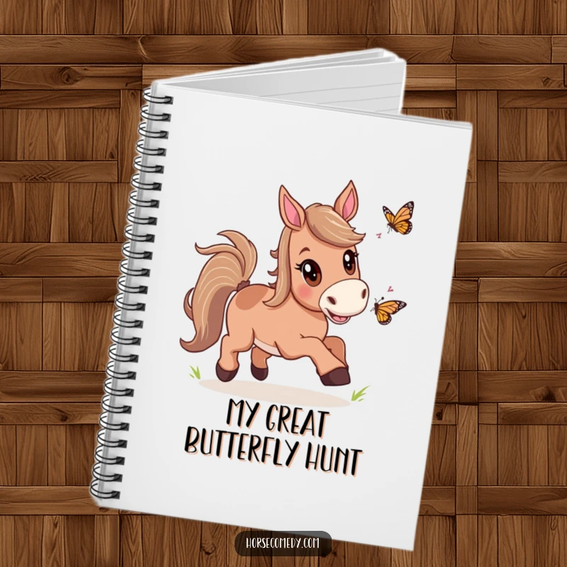 Funny Horse Butterfly Chase Notebook with a horse joyfully chasing a butterfly, perfect for capturing thoughts with a sense of fun and excitement.
