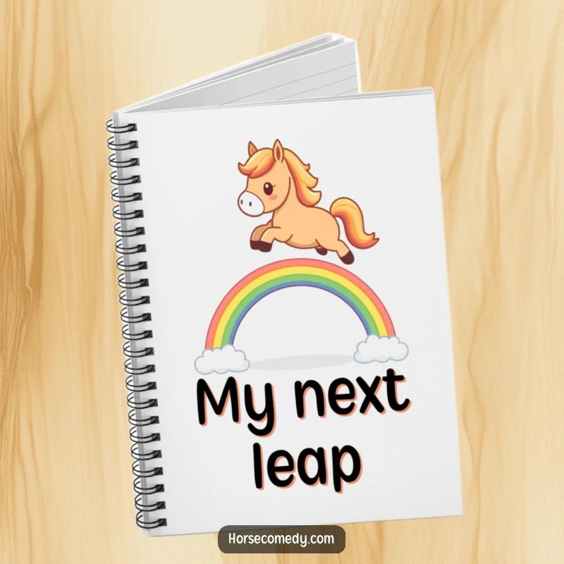Funny horse notebook, cute character leaping over a tiny rainbow, ideal for jotting down happy thoughts and creative ideas.