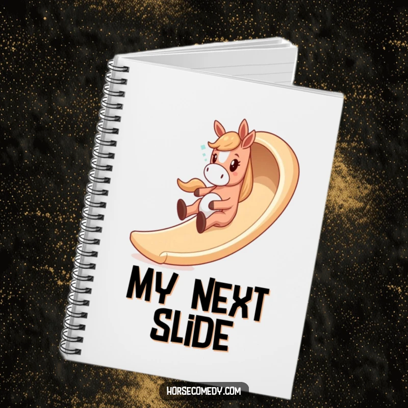 Funny horse notebook with a giddy horse character sliding down a whimsical, winding slide, ready to capture fun ideas.