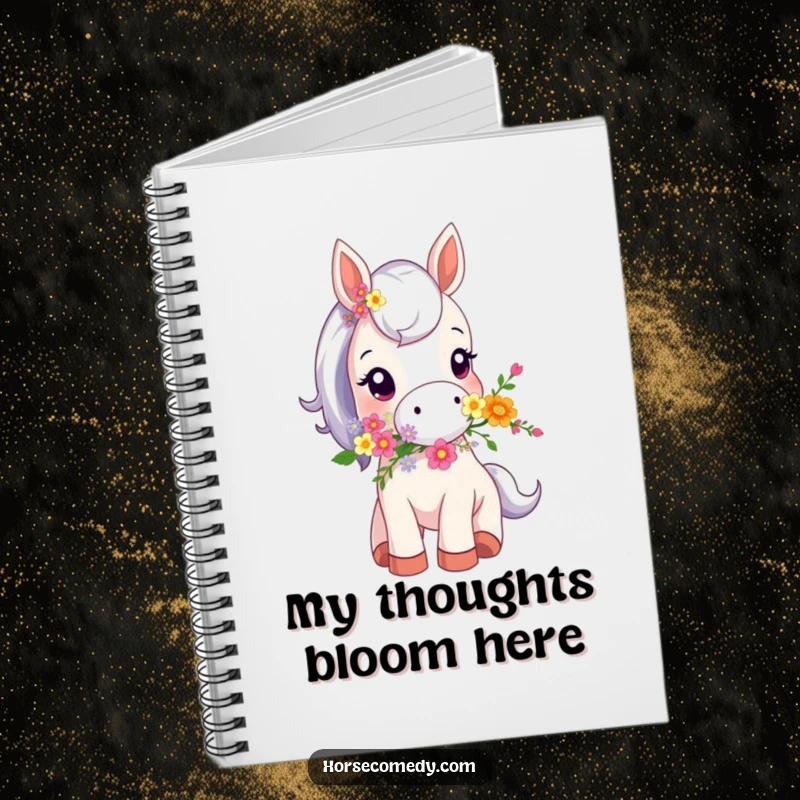 Funny notebook cover art depicting a tiny horse animal holding a colorful bouquet of flowers in its mouth, ready for notes.