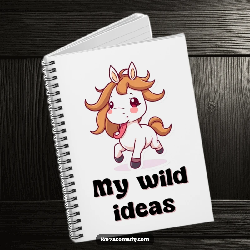 Funny horse notebook with a horse character joyfully galloping with its mane flying and tongue out, ready for energetic thoughts.