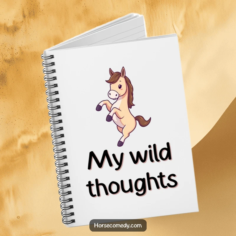 Funny notebook cover showing a horse joyfully kicking its legs and spinning around with boundless energy.