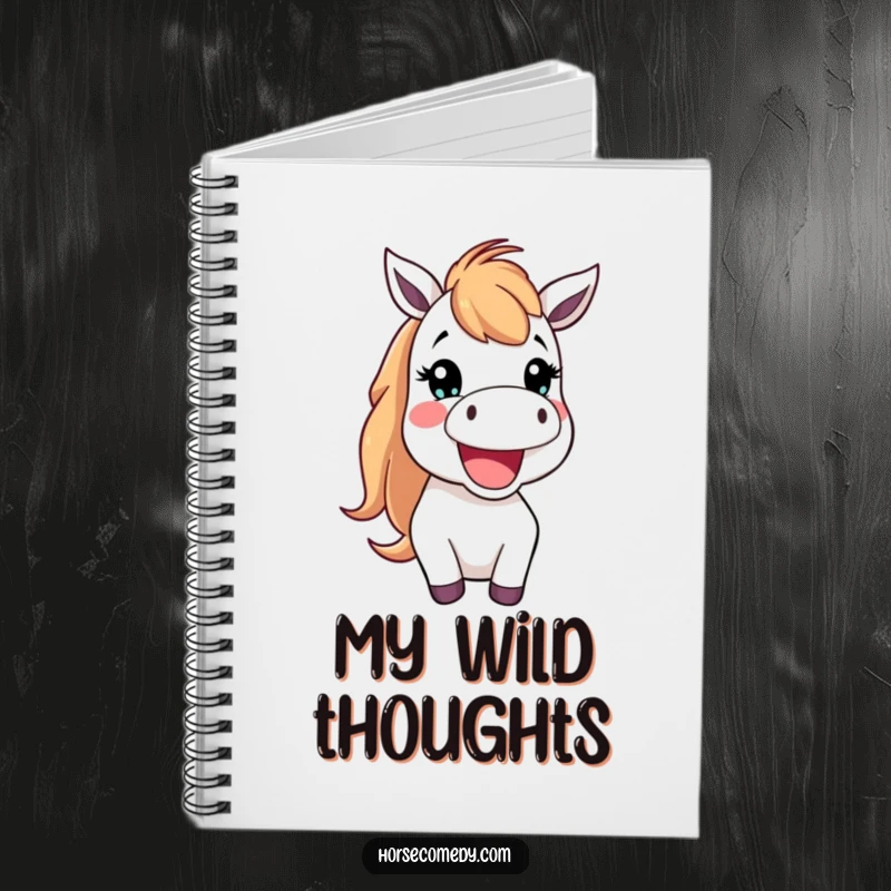 Funny Notebook with a happy horse creature neighing cheerfully, perfect for journaling joyful thoughts.