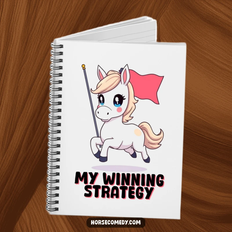Funny notebook cover art of a horse character with sparkling eyes, galloping with a flag, ideal for jotting down enthusiastic thoughts.
