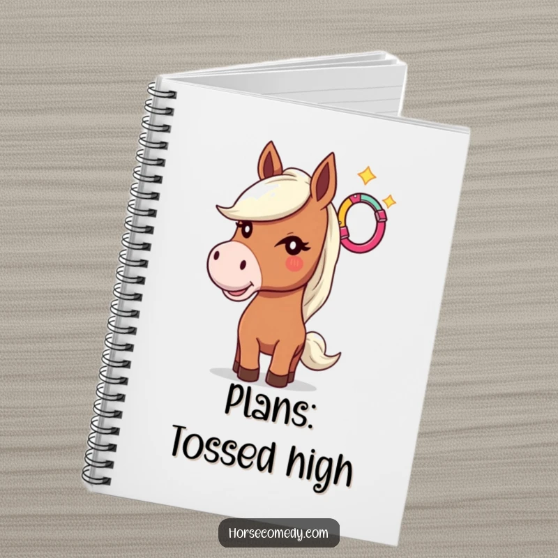Funny notebook cover showing a horse winking and tossing a horseshoe, great for capturing creative thoughts.
