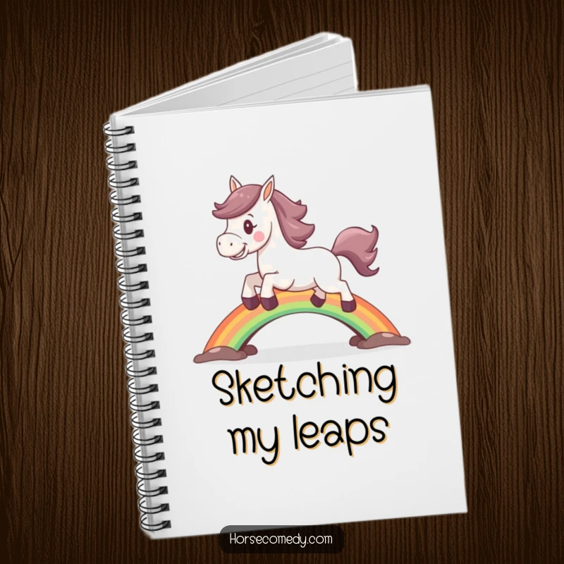 Funny horse notebook featuring a joyful horse leaping over a vibrant rainbow bridge.