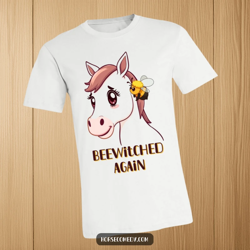 Funny Horse T-Shirt: A horse with a look of pure surprise is playfully nudged by a friendly bumblebee, capturing a comical moment.