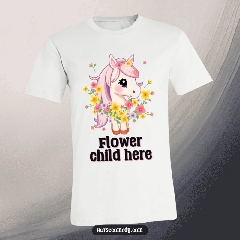 Funny Horse T-Shirt: A horse character is humorously tangled in a colorful garland of bright flowers, exuding playful charm.