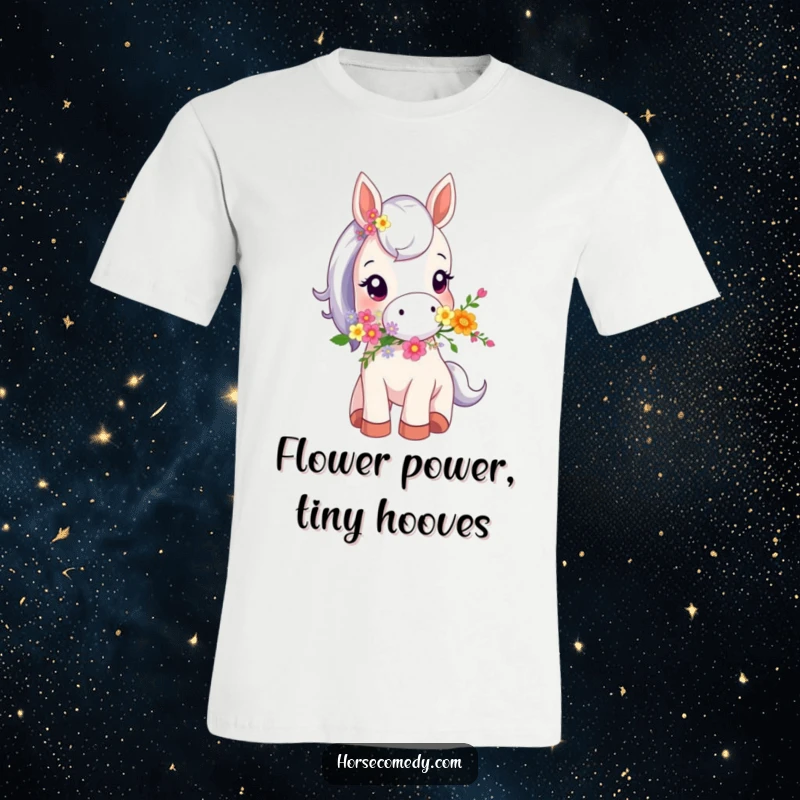 Funny t-shirt featuring a tiny horse animal gripping a vibrant bouquet of flowers in its mouth, ready to charm.