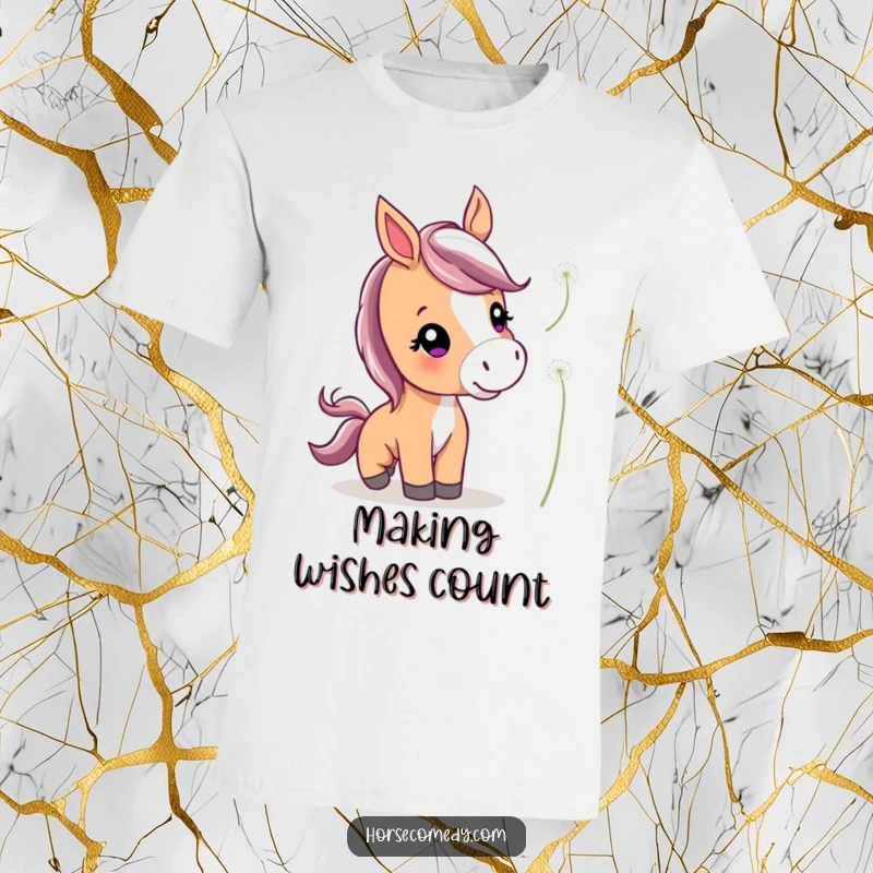 Funny Cute Horse T-Shirt featuring a charming horse with perked ears gently nudging a floating dandelion.