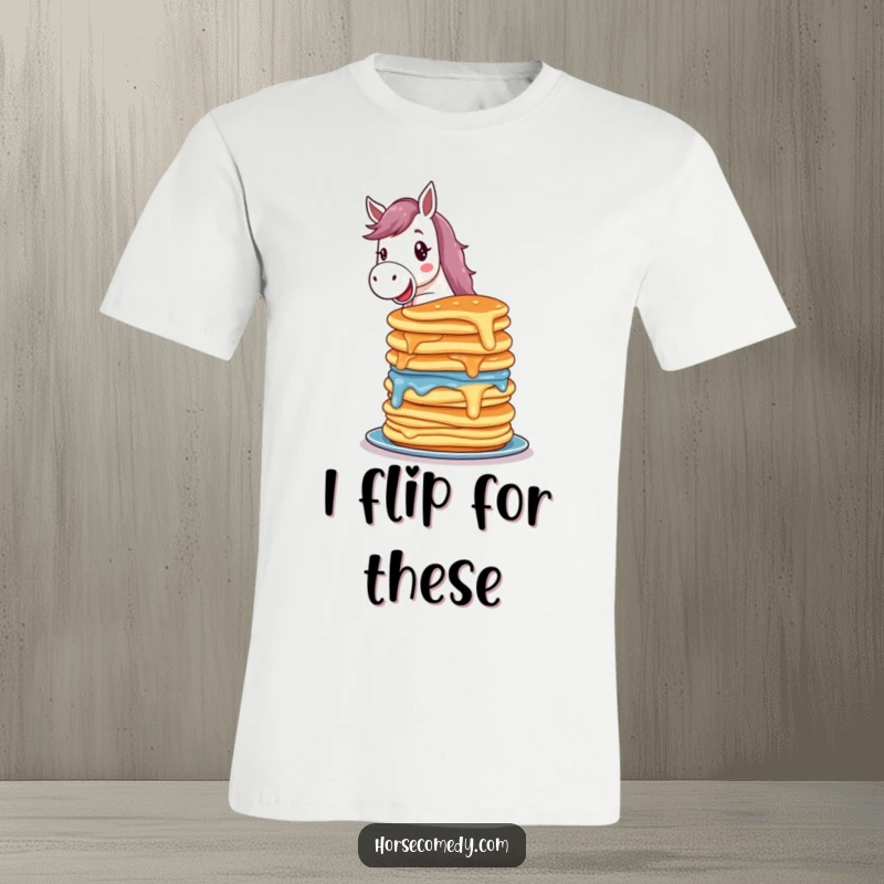 Funny horse t-shirt featuring a delighted horse character balancing a colorful, wobbling stack of pancakes, showcasing impressive dexterity.