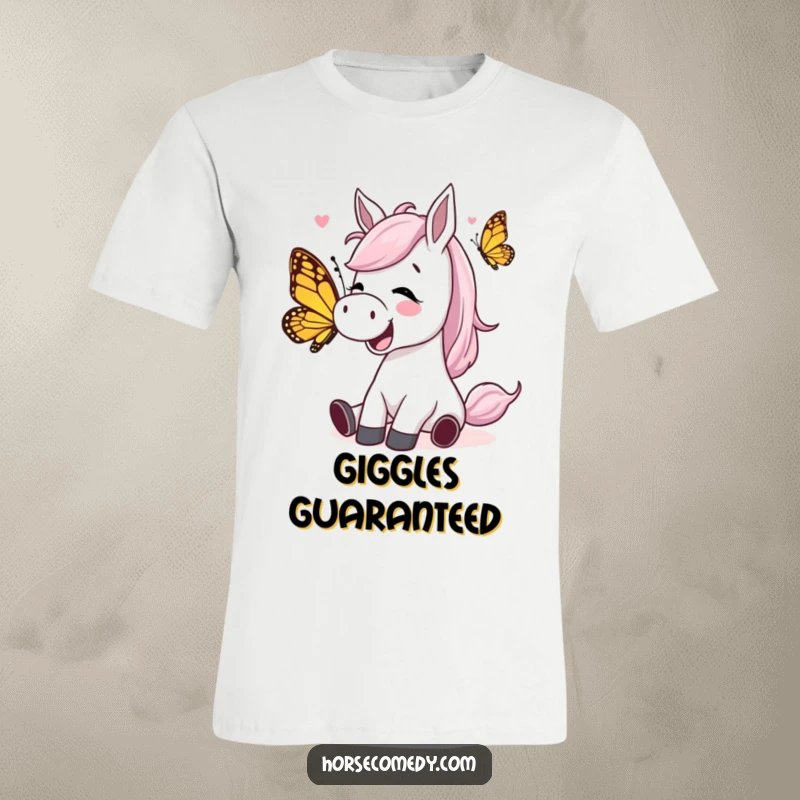 Funny horse character giggling while being tickled by a playful butterfly on a t-shirt, showcasing infectious, comical happiness.