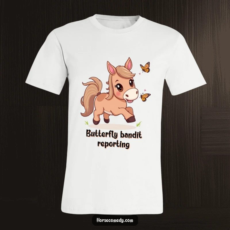 Funny Horse Butterfly Chase T-Shirt featuring a horse with wide eyes joyfully chasing a butterfly, embodying carefree fun and excitement.