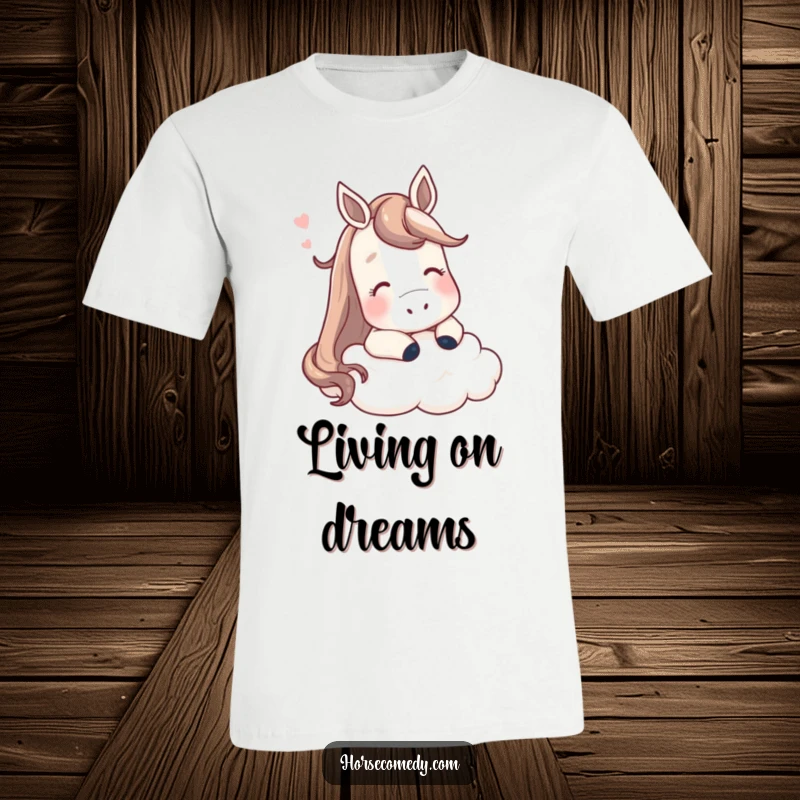 Funny horse t-shirt, a contented horse sighing while resting its head on a soft fluffy cloud, humorous relaxation.