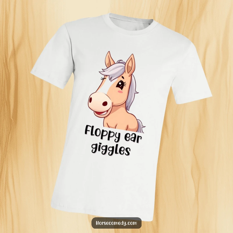 Funny horse t-shirt, horse with huge floppy ears, laughing heartily with pure joy and infectious amusement.