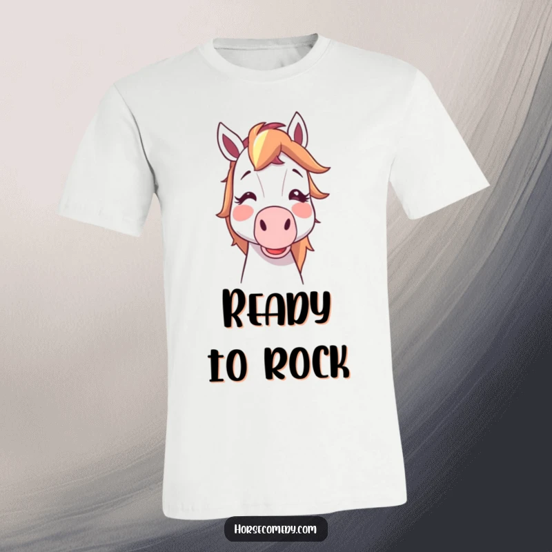 Funny blushing horse about to blow a noisemaker, celebrating with cartoonish excitement, ideal funny t-shirt gift.