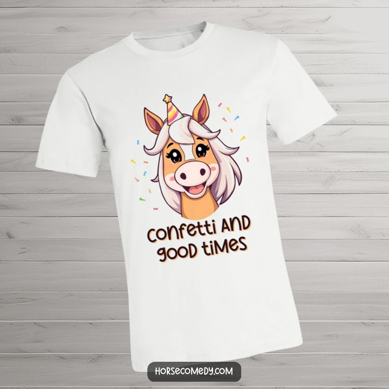 Funny Horse T-Shirt showcasing a horse with a big silly grin, wearing a party hat and confetti, perfect for parties.