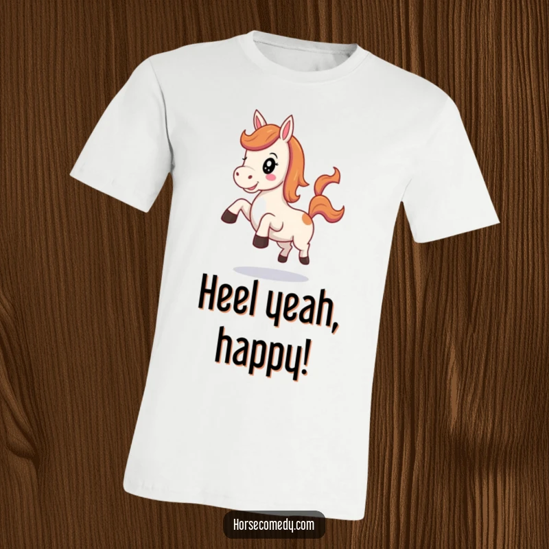 Funny Kawaii Horse T-Shirt depicting a cute horse with a cheerful neigh, its hind legs kicking playfully in the air.
