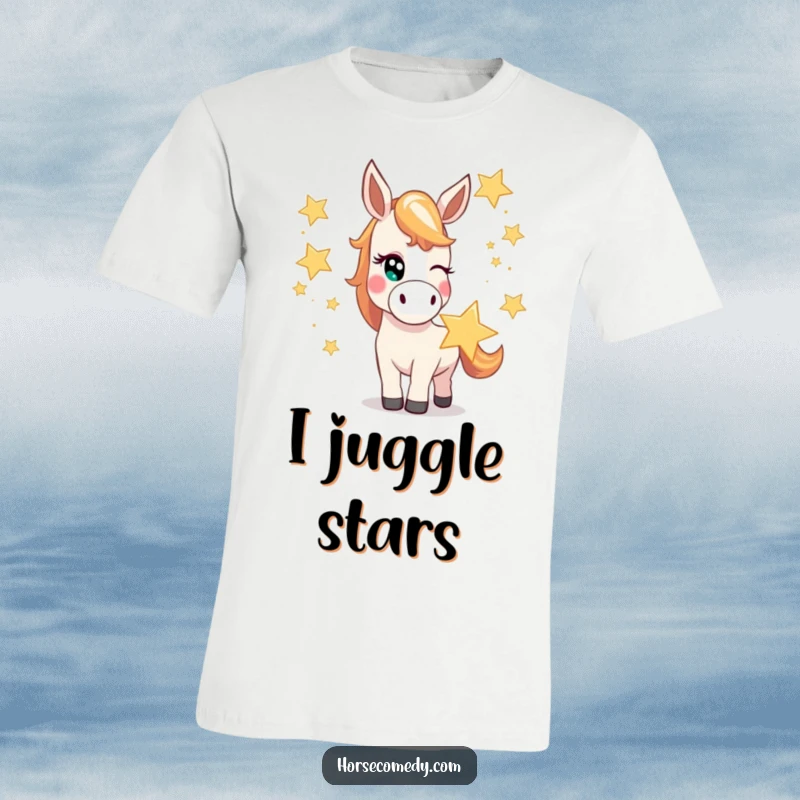 Funny horse t-shirt depicting a mischievous horse character winking while juggling oversized, bright stars, showcasing cosmic playfulness.