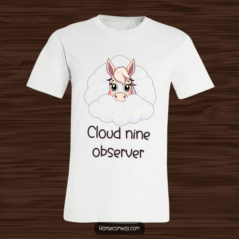 Funny peeking horse t-shirt, with eyes wide from behind a massive cloud, symbolizing wonder, curiosity, and a touch of playful mischief.