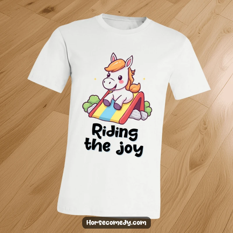 Funny T-Shirt: A happy horse is shown mid-slide down a colorful rainbow, shouting with glee.