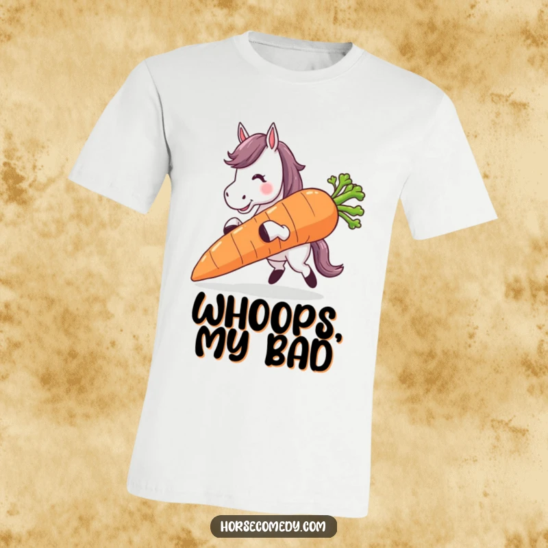 Funny horse character tripping dramatically while attempting to carry an oversized carrot, capturing a humorous mishap.