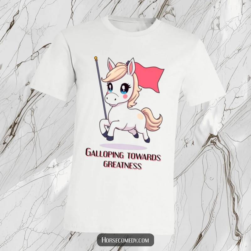 Funny t-shirt illustrating a horse character with vibrant, sparkling eyes, galloping powerfully with a fluttering flag, conveying excitement.