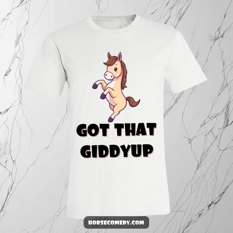 Funny t-shirt featuring a cartoon horse with legs flailing wildly as it spins with pure, unadulterated fun.