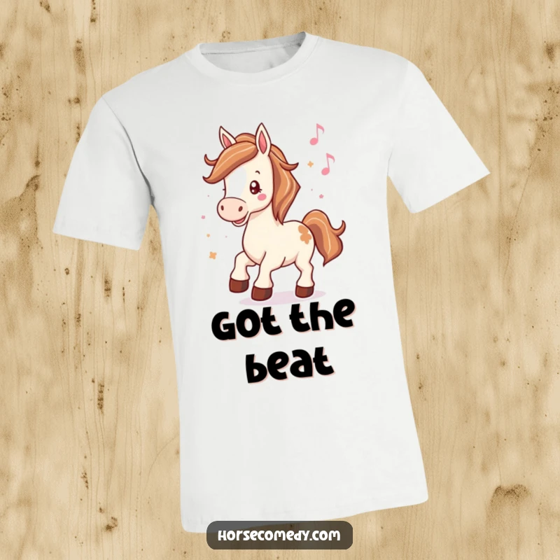 Funny t-shirt showing a horse joyfully neighing while its hooves tap out a beat to lively music, for casual wear.