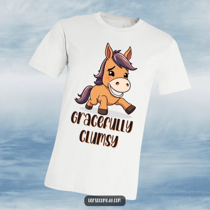 Funny horse t-shirt, character tripping slightly, immediately recovering with a wide, charmingly goofy grin.