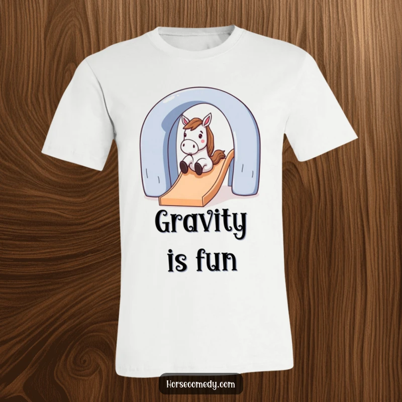 Funny horse character in motion, sliding down a large, arched slide on a t-shirt, capturing a moment of playful joy.