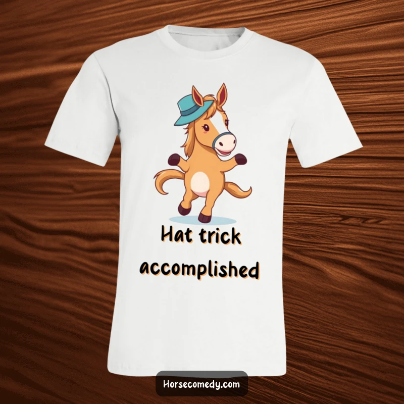 Funny horse character waltzing with a hat perfectly balanced on its nose, depicted on a t-shirt for stylish humor.