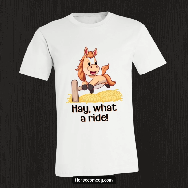 Funny horse t-shirt depicting a horse with a playful grin, sliding down a banister made of hay.